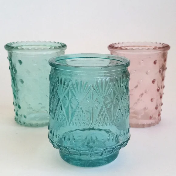 Vintage Shabby Chic Pink Sea Green and Aqua Blue Candle Glass Votives Set of 3 - Picture 10 of 11